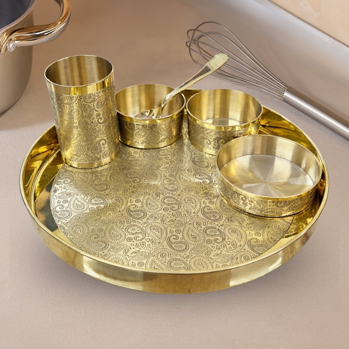 Brass Thaali Set - 6 pieces set (1 Thaali, 3 bowls, 1 glass and 1 spoon)