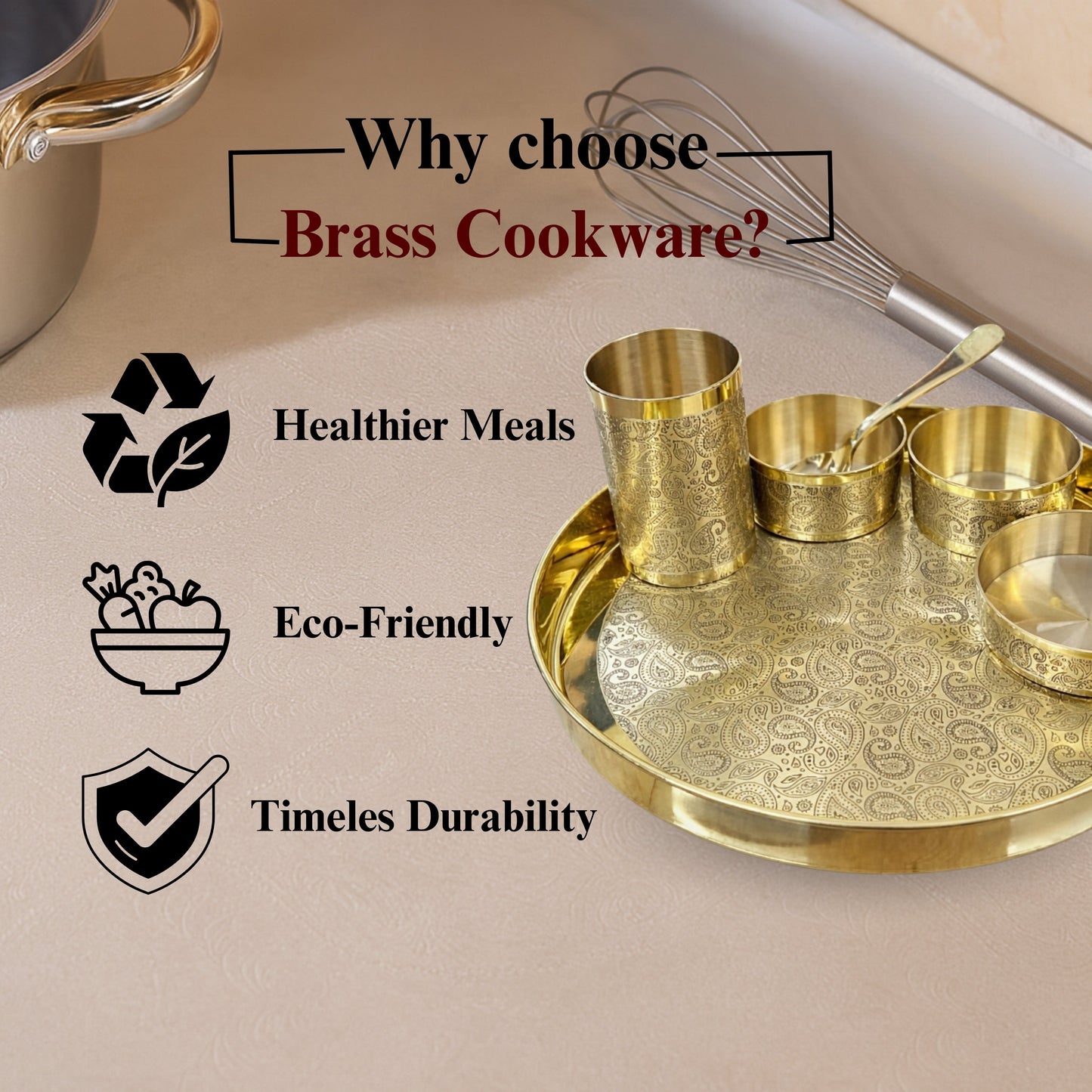 Brass Thaali Set - 6 pieces set (1 Thaali, 3 bowls, 1 glass and 1 spoon)